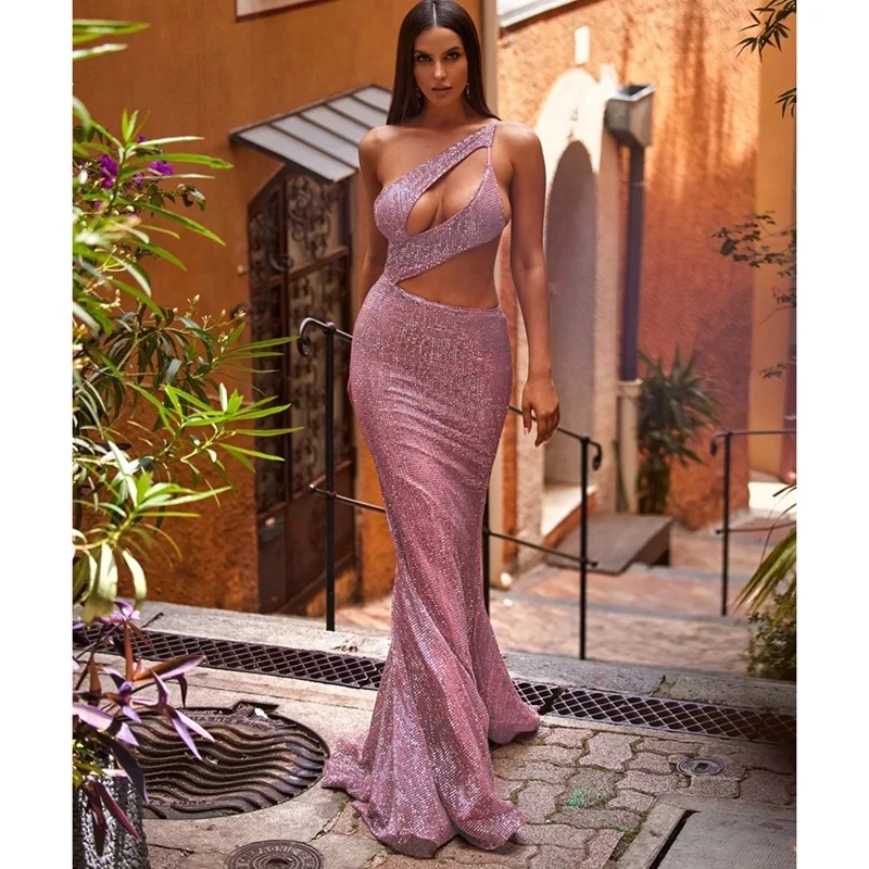 Fashionable and Elegant Pink One Shoulder Mermaid Cut Evening Dress Birthday Party Waistless Evening Dress