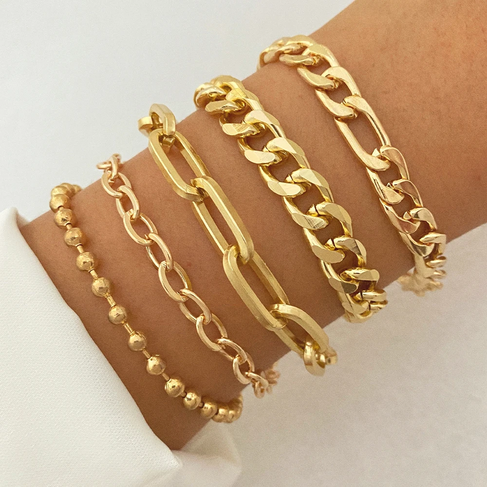 5pcs/set Fashion Gold plated Chain Link Bracelet Chunky Creative Stacked  Thick Multi-layer Bracelet For Women Jewelry Set