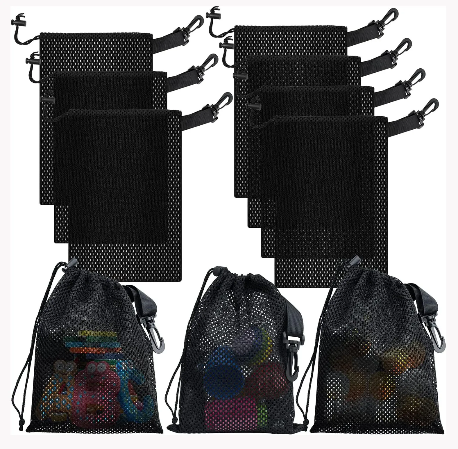 Strong Mesh Bag with Clips Nylon Drawstring  Bag with Cord Lock for Laundry Swimming Collecting Toys Sports Gym Beach Travel