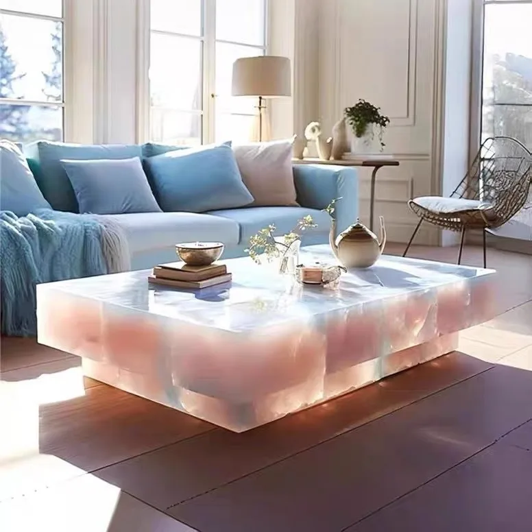 100*100cm Backlit Translucent Blue Onyx Coffee Table 48' Square Shiny Crystal Diamond Stone Living Room Bar Pub Furniture