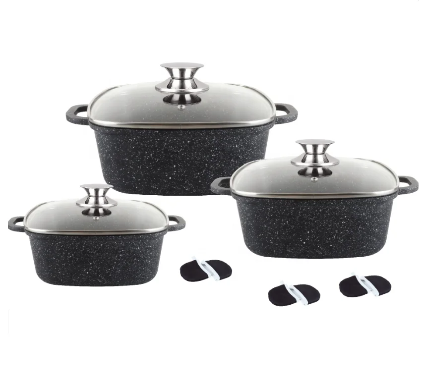 6pcs cast aluminum non stick marble square casserole pot set cookware with induction bottom