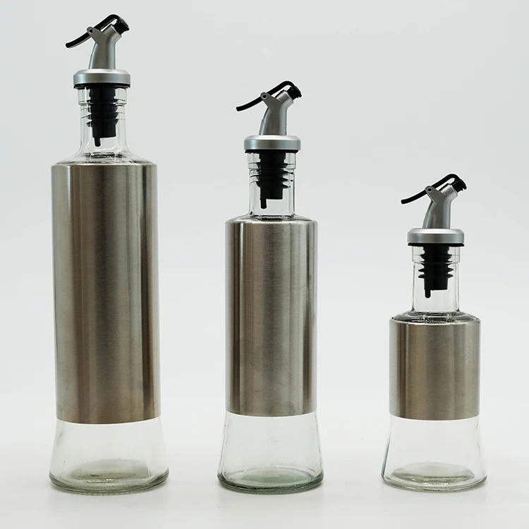 Oil and Vinegar Dispenser Set Wrapped in Stainless Steel Shell with Pourers Glass Olive Oil