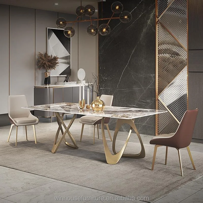 Luxury stainless steel dining table dinning set with 6 chairs dining table with mable top dining room furniture