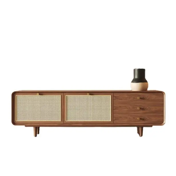 QUAWE Modern Nordic Living Room Rattan Furniture Wood TV Stand Unit Media Console TV Cabinet with Rattan Door