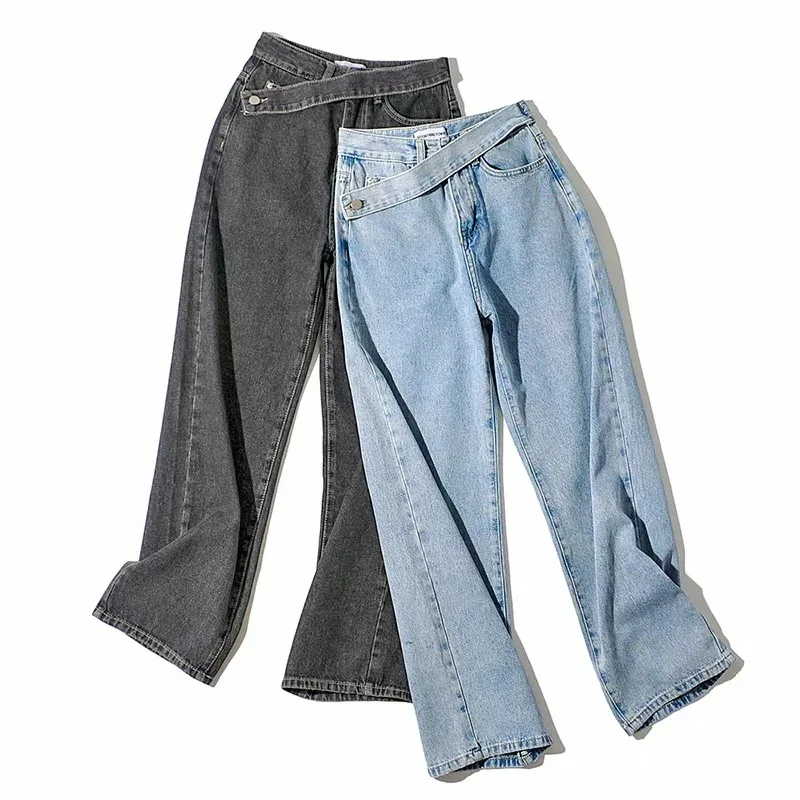 Blue Gray Streetwear Vintage Fashion Harajuku Straight Pants High Waist Clothes Wide Leg Denim Clothing Woman Oblique Belt Jeans