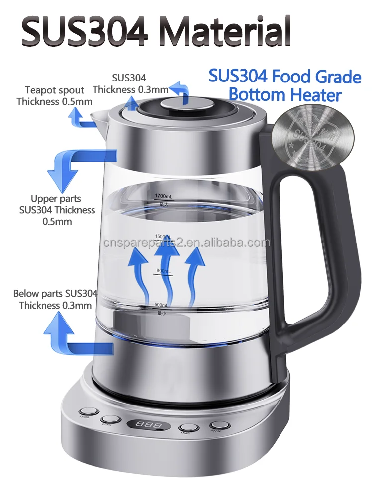 Keep Warm 1.7l+1.0 Capacity Automatic Glass&Stainless Steel Kettle One touch Shut-off Electric Water Boiler Tea Kettles