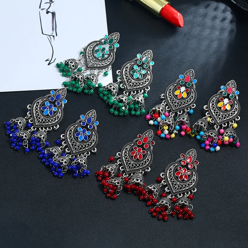 MINHIN Indian Oxidized Silver Beads Chandelier Silver Polki Jhumki Jhumka Earrings