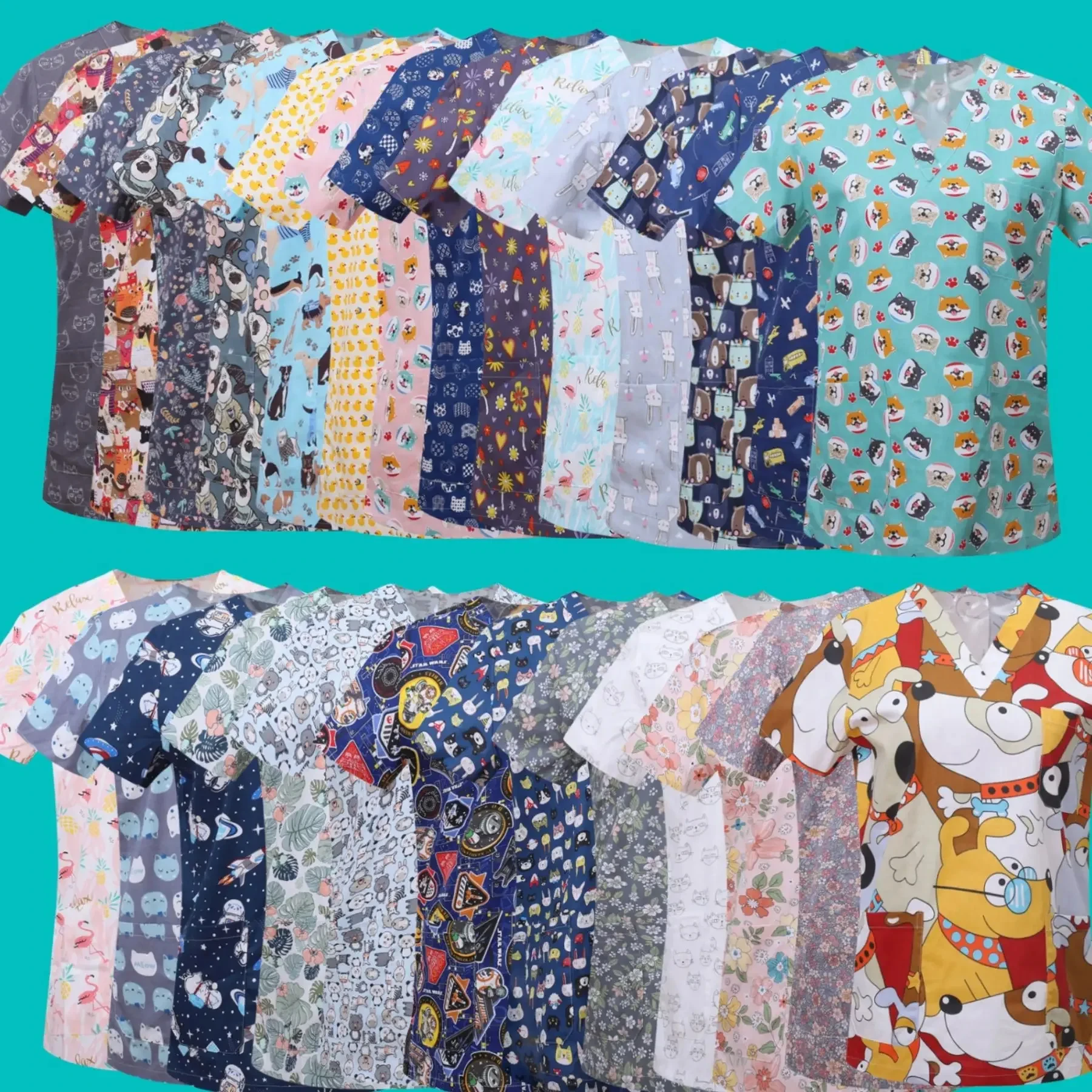 Medical Pet Veterinary Overalls Women Nurse Accessories Printed Care T-Shirt Scrubbing Clothes Top