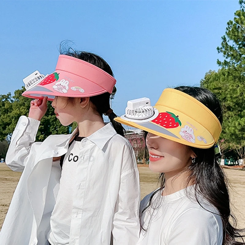 FF1096 Cartoon USB Chargeable Fan Cap UV Protection Wide Brim Visor Cap Women Men Kids Sun Visors Hat