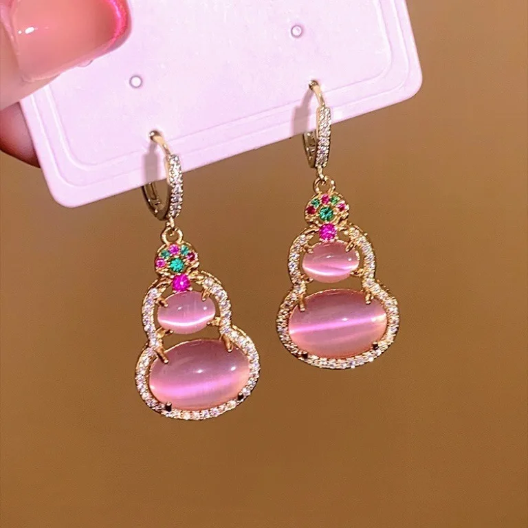 Chinese Style 18k Gold Plated Small Gourd Earrings Women Jewelry Shiny Crystal Pink Gourd Earrings