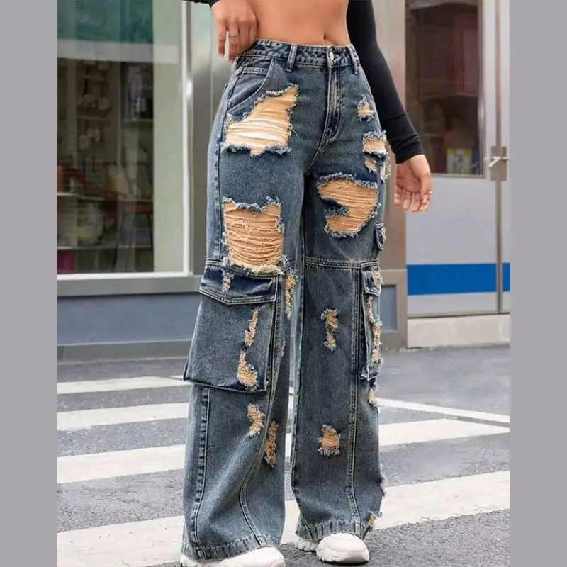 Factory Direct100% Cotton Jeans High Street Women Baggy Trousers High Rise Multi Pockets Faded Washed Denim Wide Leg Cargo Jeans