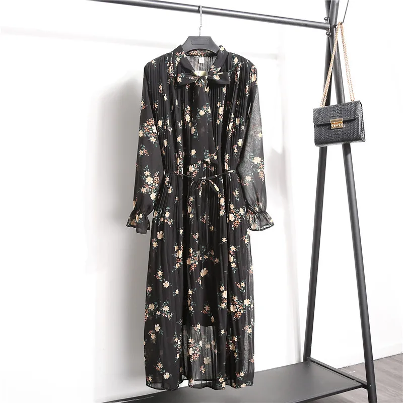 Korea elegant high quality long sleeves floral printed chiffon women dresses OC78