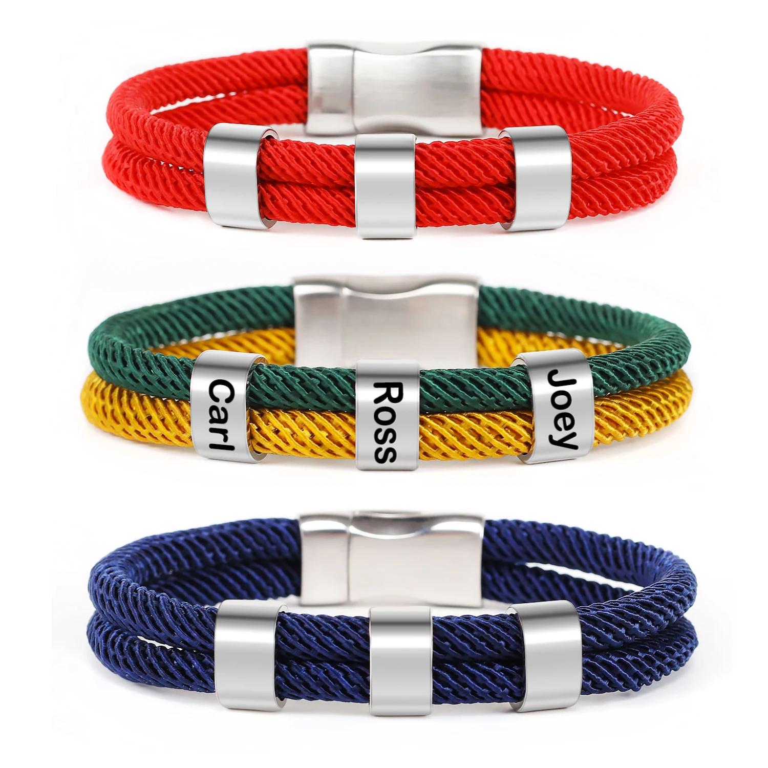 Rainbow Color Polyester Bracelet Custom Name Stainless Steel Beads Adjustable Jewelry Gift Magnetic Steel Clasp Bracelet