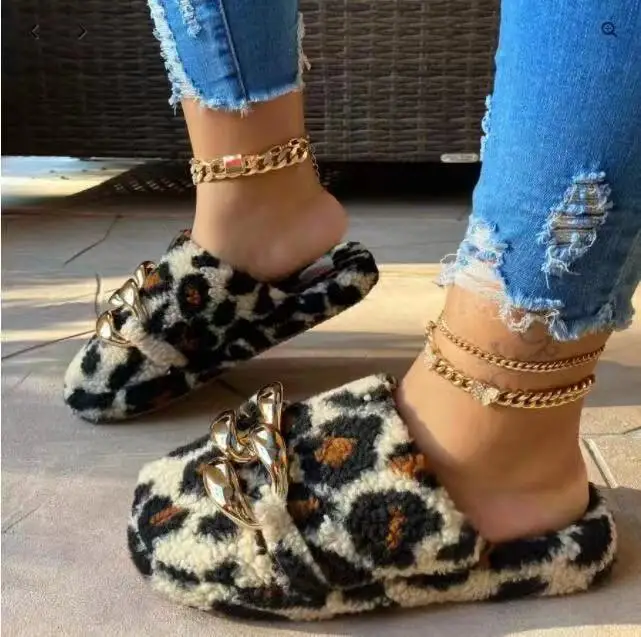 2021 sandals winter new Women Ladies chain Slipper leopard Shoes Furry Fashion Platform Slides Womens Flats Fur Slippers