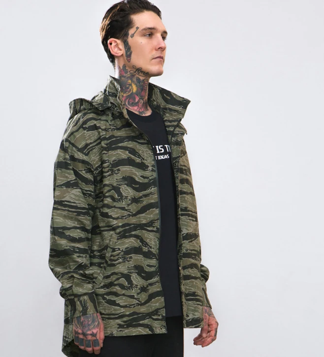A6489 male tiger pattern camouflage jacket hooded reflective printing loose zipper front jacket