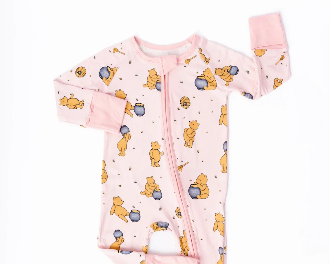Bule winniee bear Bamboo Kids Boy Zip Romper Custom label Soft bamboo baby pajamas