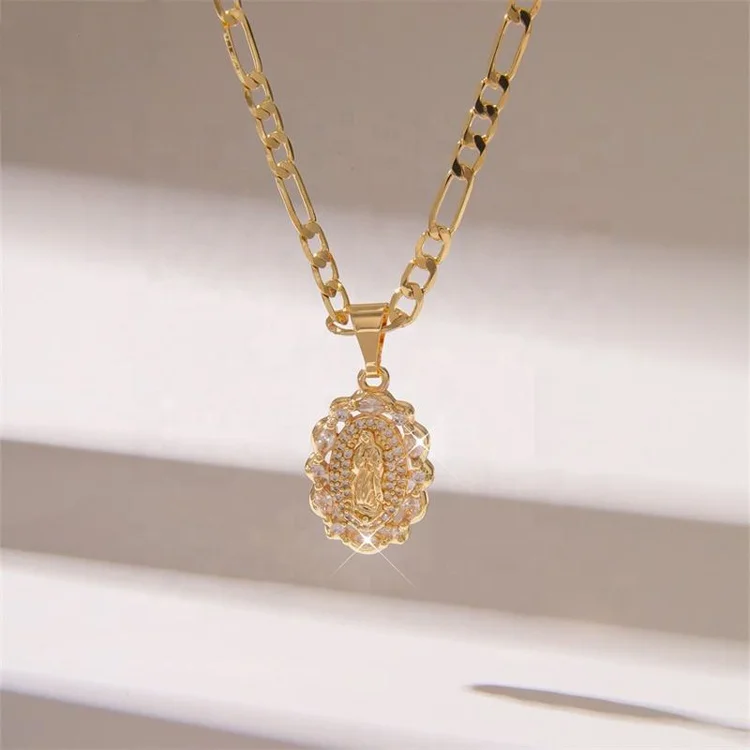New Products Fashion Jewelry 14K Gold Plated Virgin Mary Saint Pendant CZ Zirconia Stone Religious Pendants Necklace