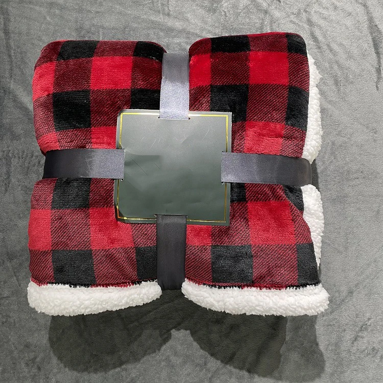 Hot Sale Classic Style Red and Black Checked Printed Design Double Woven Lamb Wool Throw Blanket