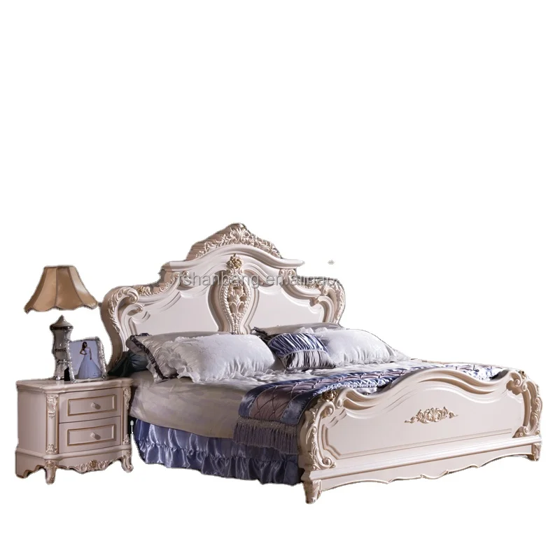 Luxury  French   Style King Queen Size Cream White Baroco bed