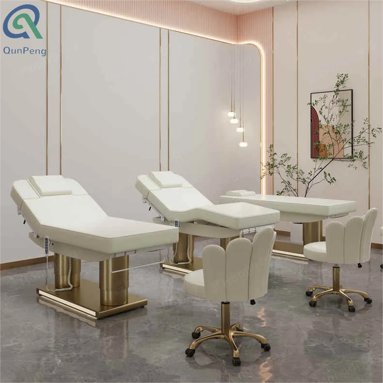 Qunpeng 2023 New  Hot Sale gold base spa bed cosmetic curved electric massage table with Led light medical lash extension bed