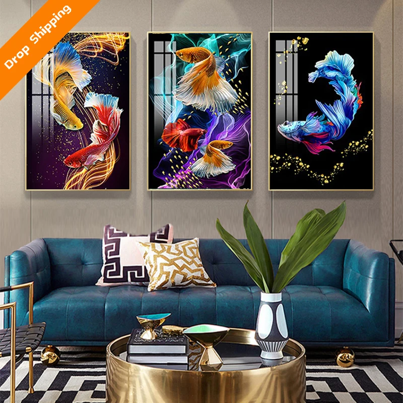 Custom design triptych wall painting goldfish crystal porcelain glass European crystal porcelain painting living room dining roo