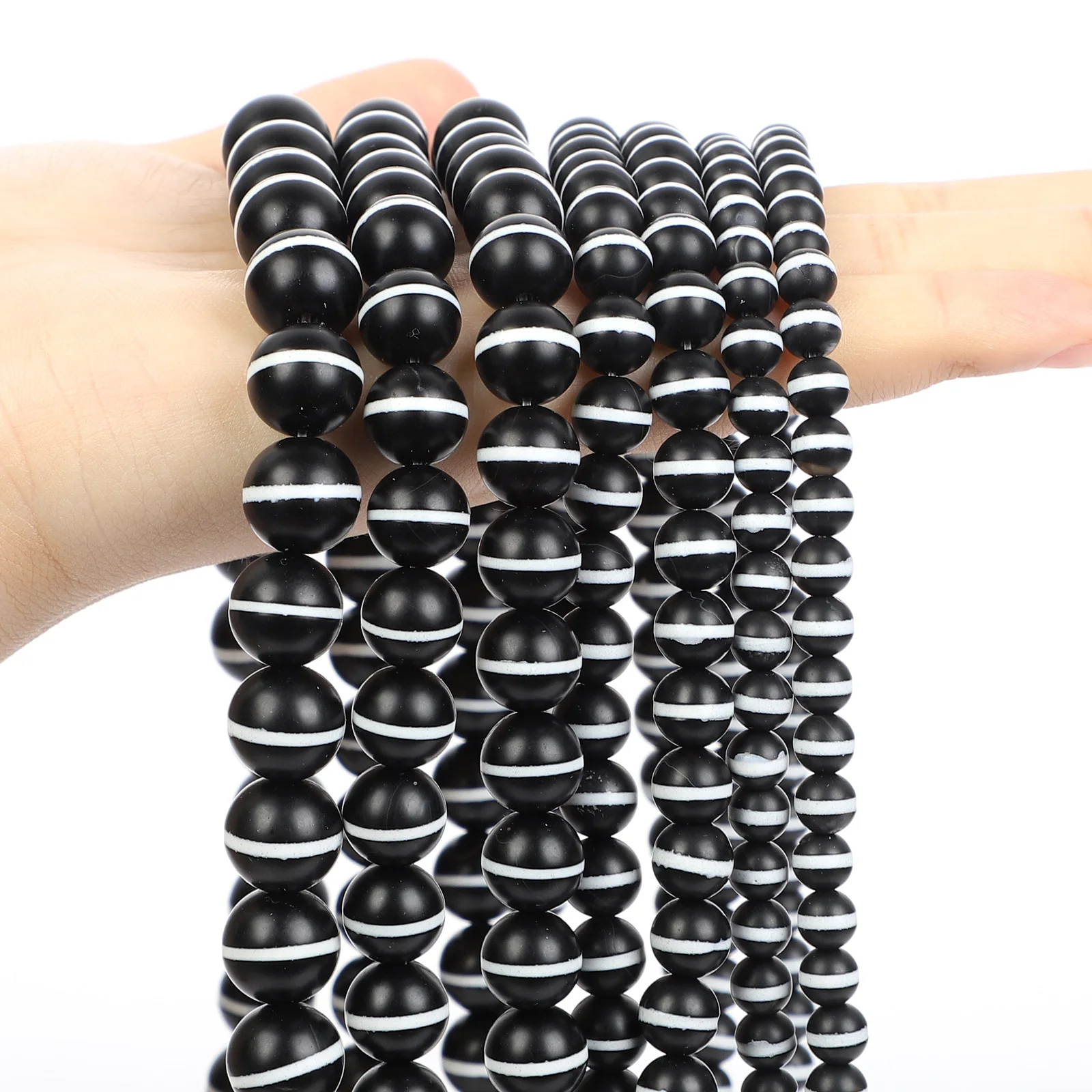 Matte Black Agate White Line Onyx Beads Round Loose Natural Stone Beads For Jewelry Making DIY Bracelets Handmade