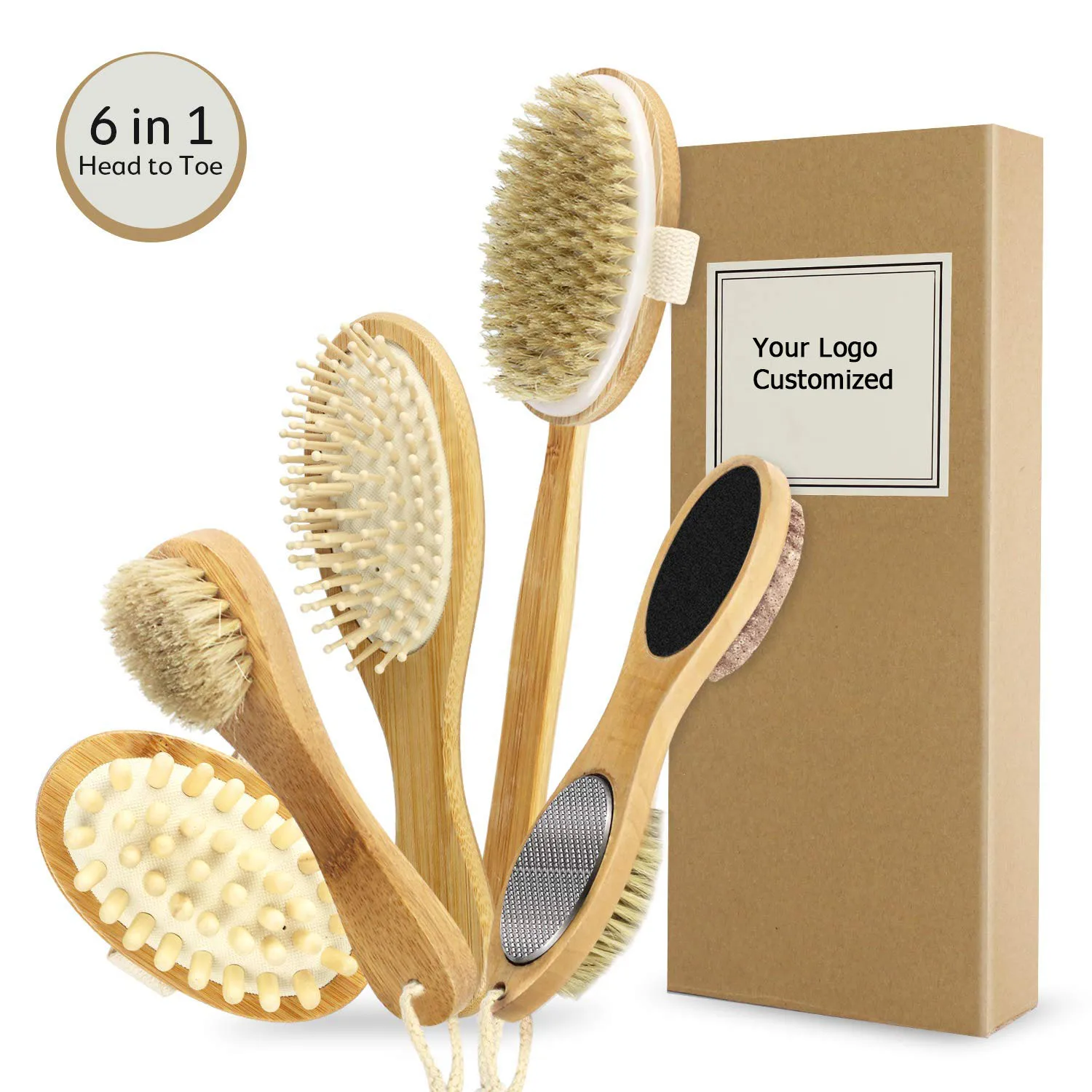 Natural Bristle Shower Brush Bamboo Body Brus 6 in 1 Dry Head to Toe Body Brushing Set