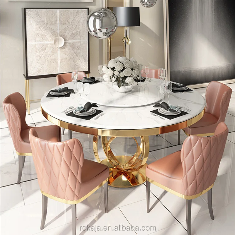 Modern Luxury Rotating Dinning Table Set Marble Gold Frame Stainless Steel Leg Malaysia Dining Tables