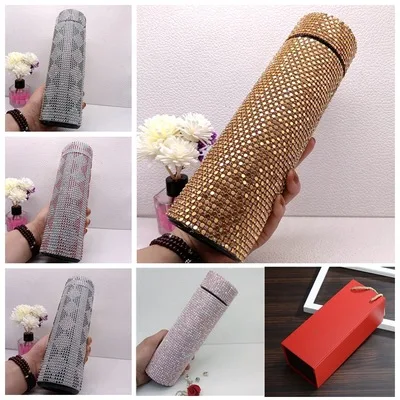 500ml Fashion Rhinestone Diamond Crystal Stainless Steel Water Bottle Flask Mug Smart Temperature Display Lid Gift Cup women