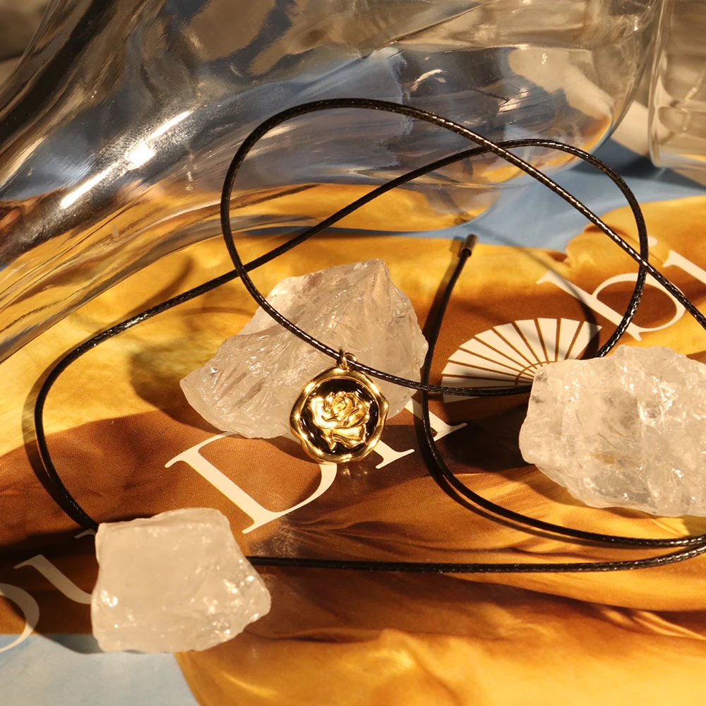 Chris April PVD gold plated 316L stainless steel hand crafting black enamel rose cameo pendant necklace