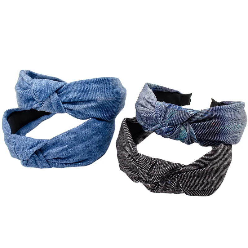 JIRIS European And American Style New Design Bohemian Denim Tie Dye Knotted Headband Vintage Wide Headband For Adult Ladies Girl