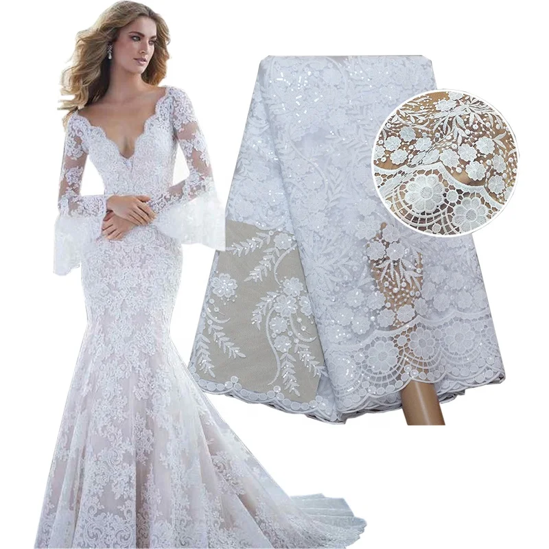 white bridal dress embroidery sequin french net lace fabric with beads african tulle lace fabric for wedding in stock