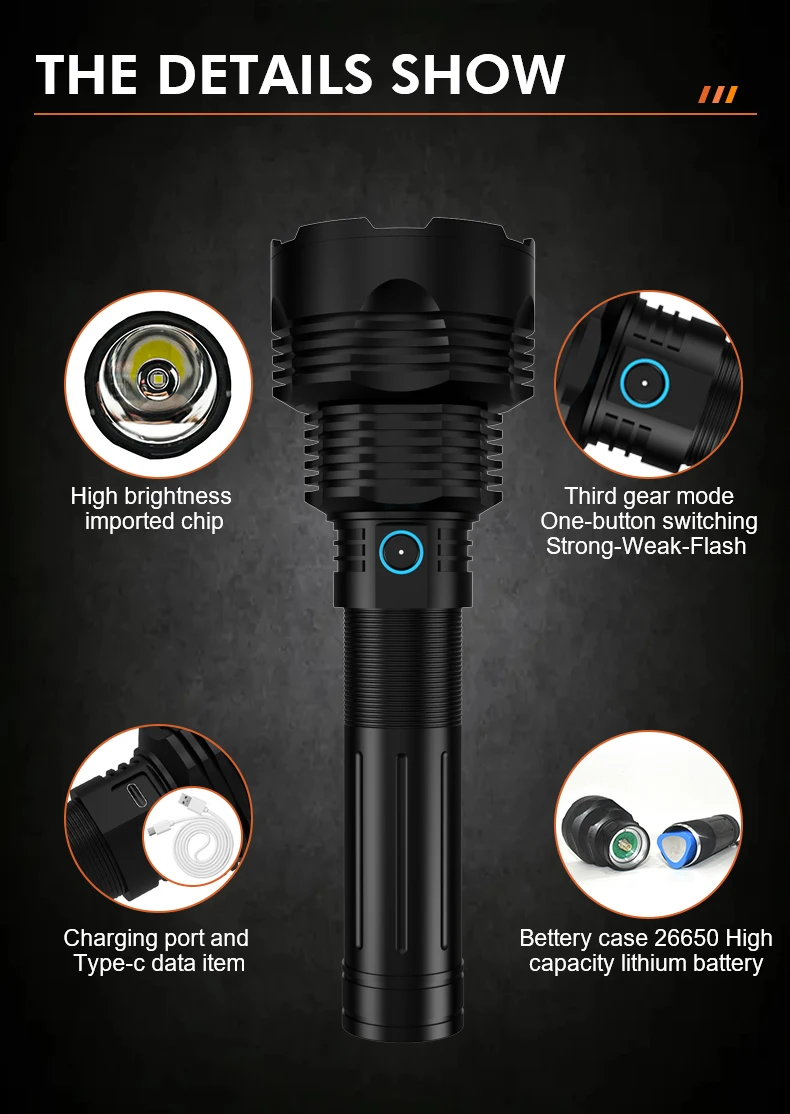 Power bank long range 1500m zoomable 10000 lumen waterproof rechargeable usb led tactical torch light outdoor flashlight