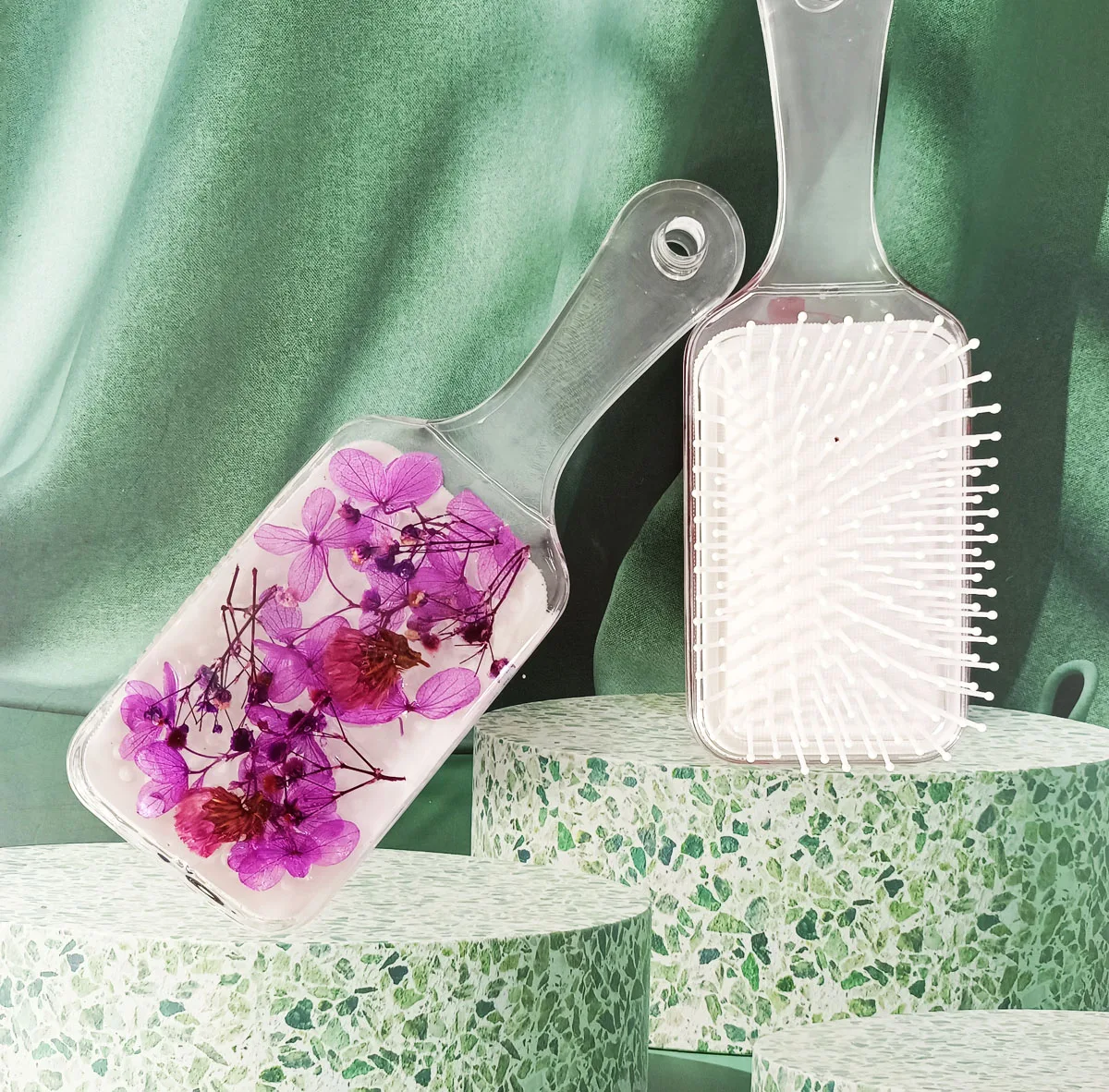 Massage Relax Natural Purple Flowers Stylish Air Cushion Magic Salon Square Acrylic Hair Brush for Home Decoration