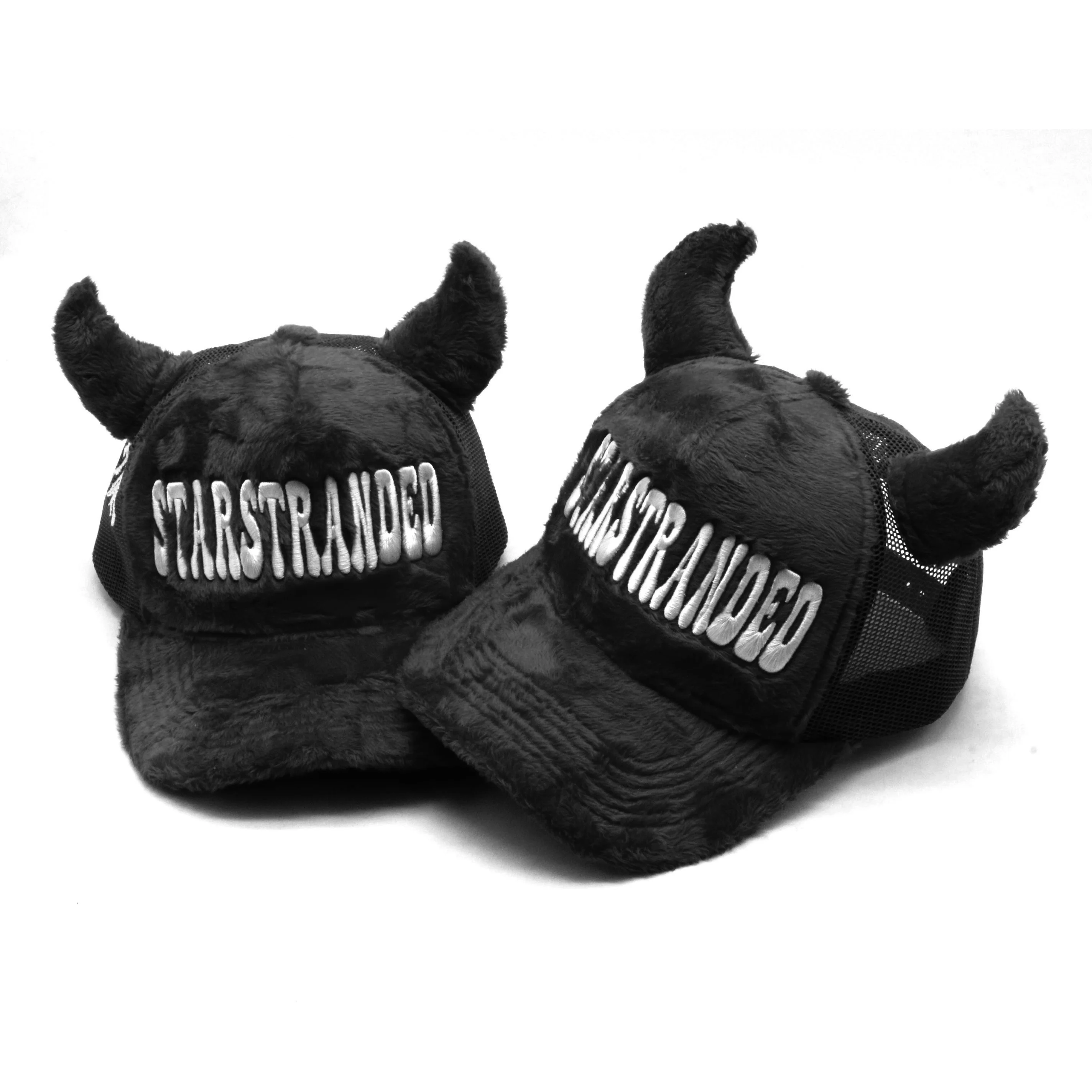 Cute person customized devil trucker hat fuzzy velvet trucker hat caps with horn devil wholesale