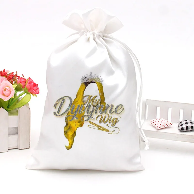 Custom Printed Logo Colorful Wigs Storage Bags Hair Bundle Packaging Satin Silk Bags