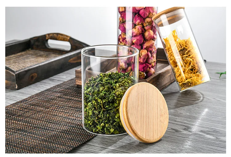 More Specifications Handmade High Borosilicate Airtight Kitchen Glass Storage Jars with Wood Lid Glass Canister for or candy coo