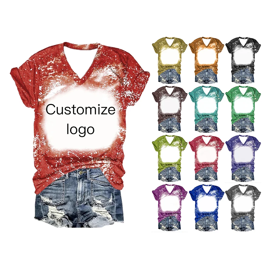 USA Shipping High Quality Custom V-Neck 100Polyester Sublimation Shirts Plain Faux Bleached Printing Blank T-Shirts