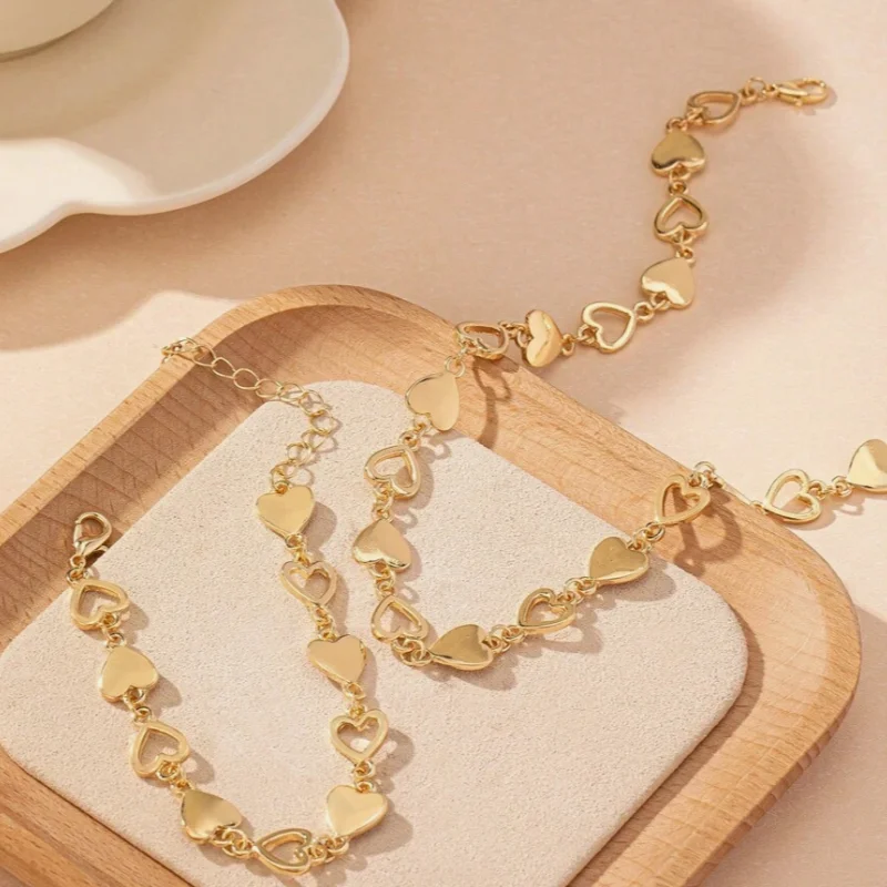 Necklace Bracelet Set Elegant Fashionable Heart Shaped Cut-Out Design Made Of Stainless Steel Women Love Hollow Out Jewelry Set