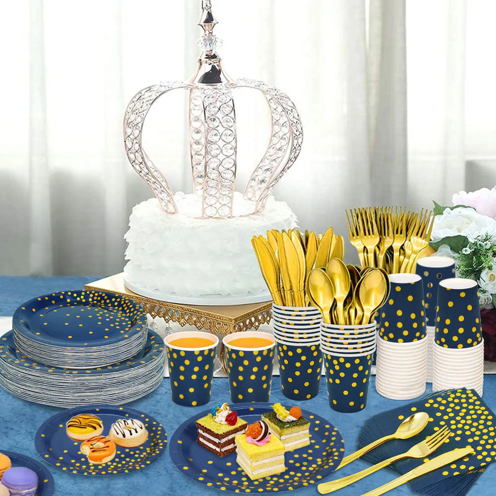 Wholesale Blue Bronzing Party Tableware Dinnerware Set Paper Plate Cup Knife Fork Spoon for Birthday Graduation Party