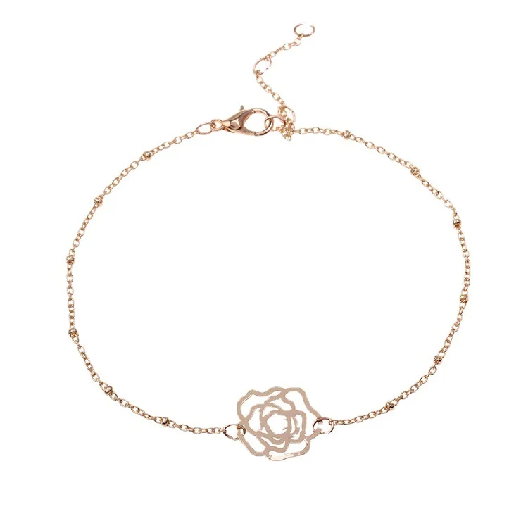 Electroplate gold anklets filigree rose flower adjustable foot bracelets dangle anklet waterproof wholesale foot jewelry