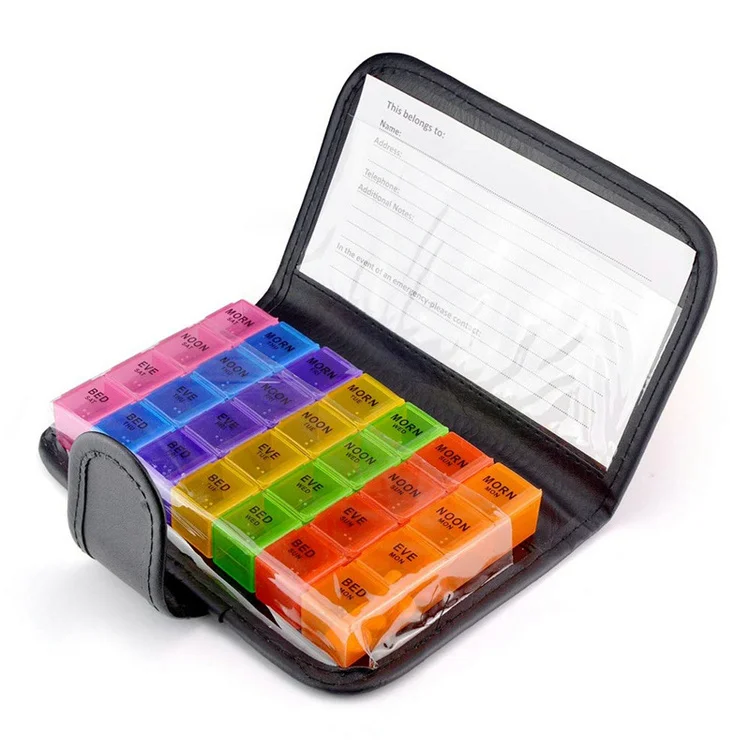 28 Compartments Weekly Monthly Am Pm Medicine Storage Manufacturer Directly Sale rainbow 7 Colors Pill Box with PU Bag