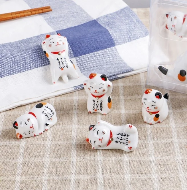 ceramic lucky cat  painted kitten flower pet ornament chopsticks stand holder