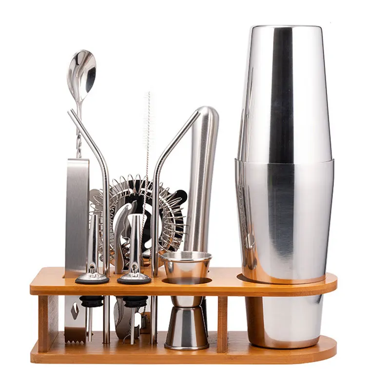 13 Piece Stainless Steel Cocktail Shaker Set Bartender Kit 25oz Boston Shaker Tool Set with Bamboo Stand and Recipes Parties