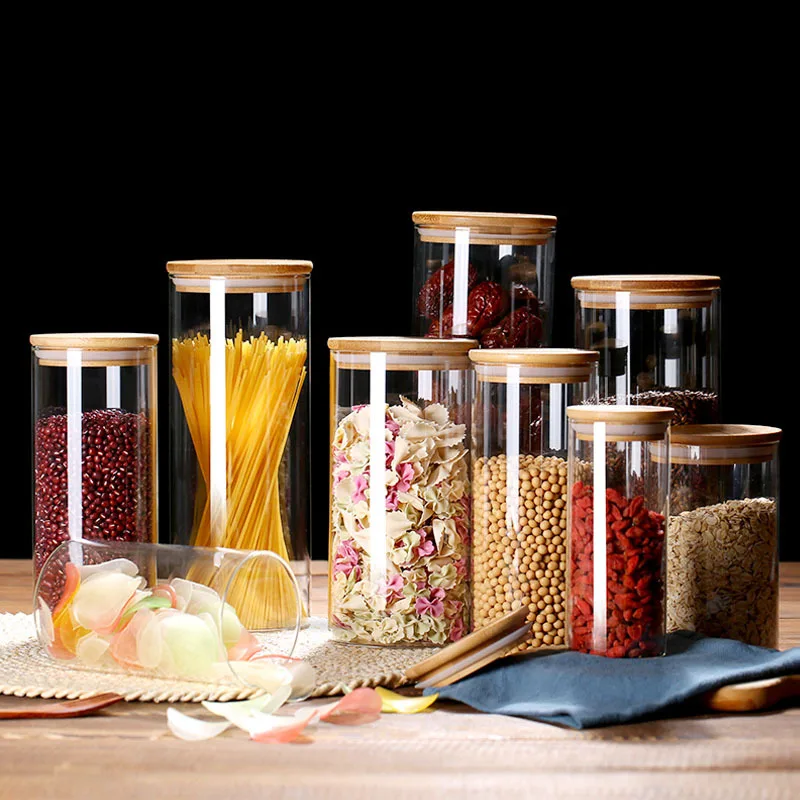 Supplier Empty Round Borosilicate Glass Airtight Kitchen Food Cookies Storage Bottles and Jars With Bamboo Lid