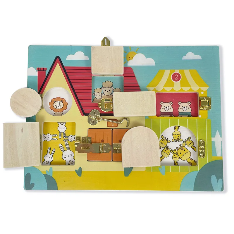 KIU wood  montessori busy board for toddlers wooden Educational Locks and Latches Board Travel Toy for Infant