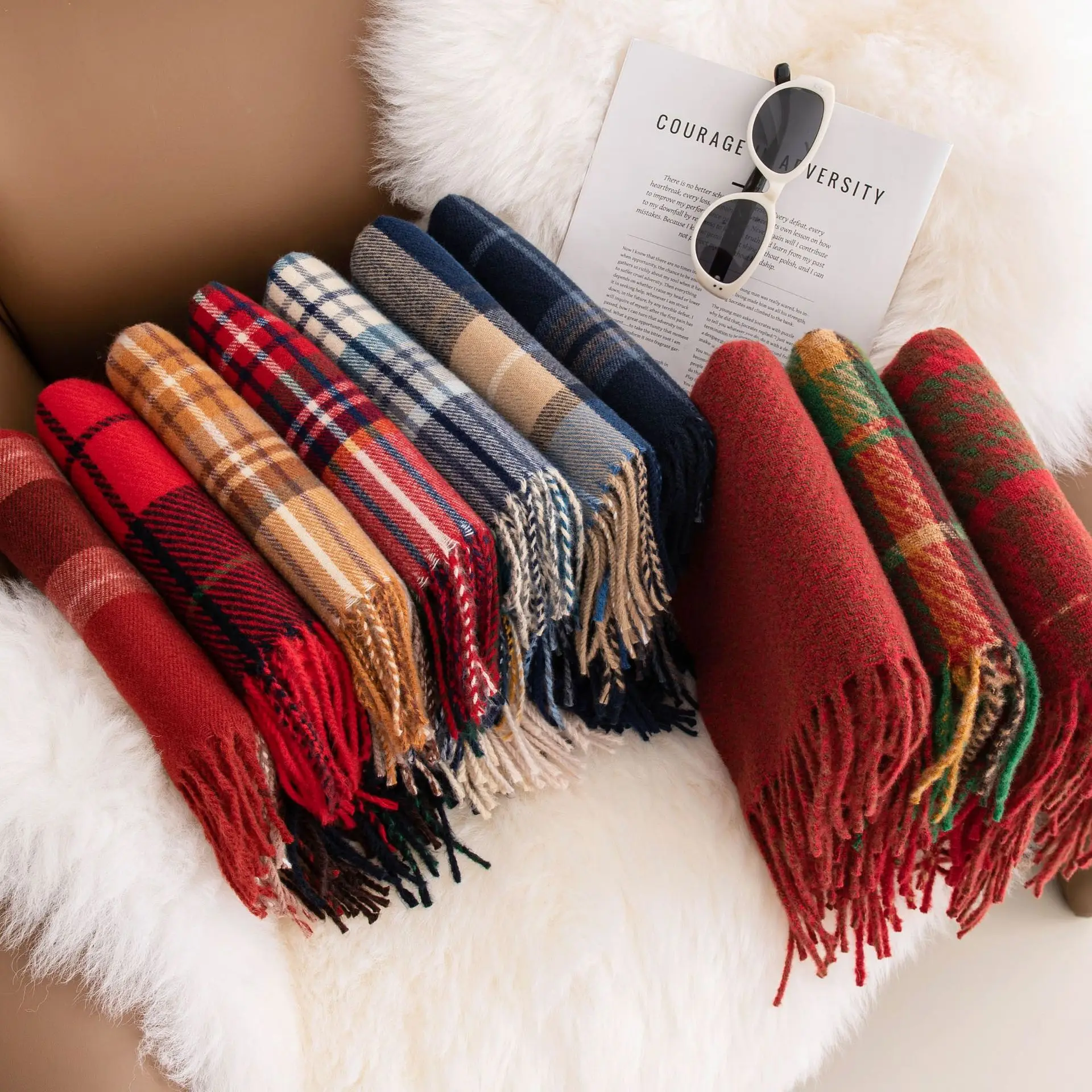 Customized Text LOGO Tartan Plaid Scarves for Women Winter, Long Scarves for Women with Fringe,Super Soft Scarf for Women Winter