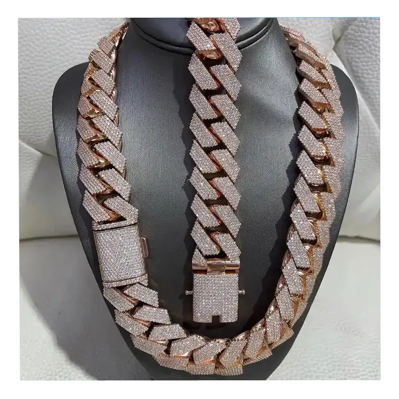 hip hop rapper cuban chain 925 Silver 25mm wide 5 rows VVS moissanite full iced out Cuban link chain necklace