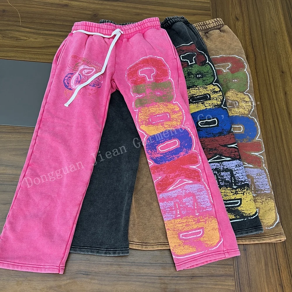 Custom Drawstring Waist Loose Wide Leg Stacked Joggers Flare Sweat Pants Print Acid Wash Sweatpants For Men