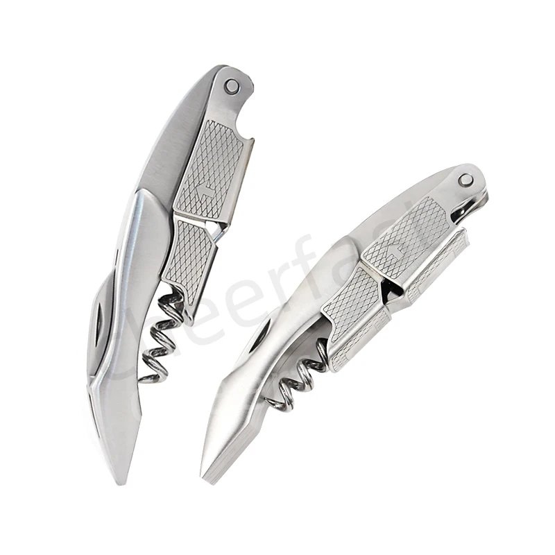 High Quality Metal Handle Spring Loaded Win Bottle Cork Screw Opener Stainless Steel Waiters Corkscrew Witn Serrated Foil Cutter